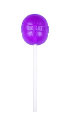 Violet round lollipop isolated on white. Sweet sugar candy