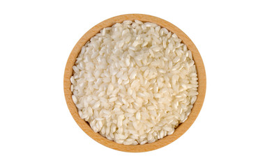 arborio risotto short grain rice in wooden bowl isolated on white background. nutrition. food...