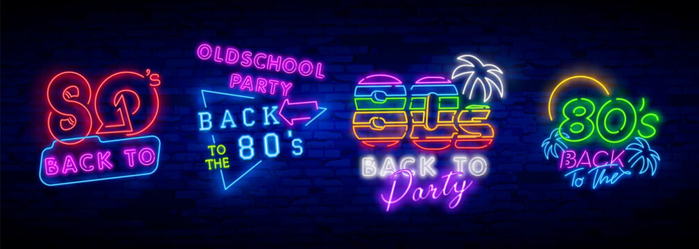 Neon 80's collection neon signs vector. Back to the 80s design template concept. Neon banner background design, night symbol, modern trend design. Vectro Illustration