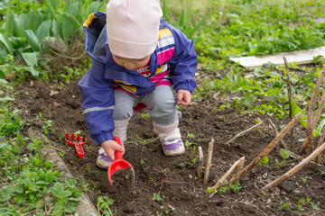 Fototapeta premium Small girl exploring the garden and helping with spring cleaning.