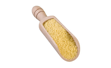 couscous in wooden scoop isolated on white background. nutrition. bio. natural food ingredient.