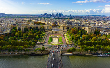 Aerial view of Seine river and Trocadéro Gardens (Jardins du Trocadéro) in cloudy blue sky day in Paris, France - obrazy, fototapety, plakaty