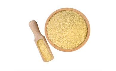 couscous   in wooden bowl and scoop isolated on white background. nutrition. bio. natural food ingredient.