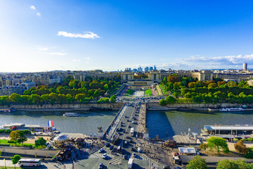 Aerial view of Seine river and Trocadéro Gardens (Jardins du Trocadéro) in cloudy blue sky day in Paris, France - obrazy, fototapety, plakaty