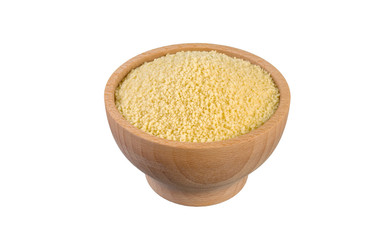 couscous in wooden bowl isolated on white background. nutrition. food ingredient.