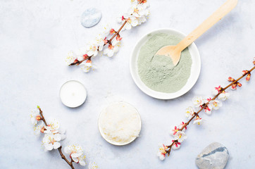 Spa Wellness Background, Natural Cosmetics, Clay Powder and Sugar Scrub