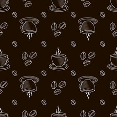 seamless pattern with Outline cup of coffee and beans