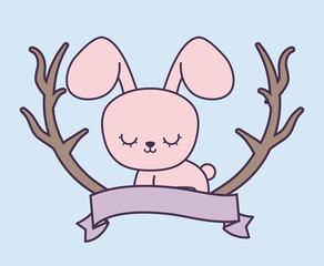 cute rabbit with ribbon and branches