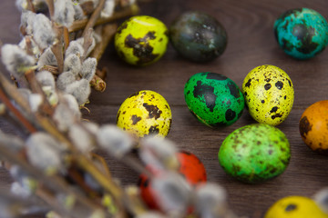 colorful easter eggs on wooden background