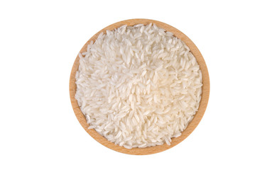 long grain white rice  in wooden bowl isolated on white background. nutrition. food ingredient.