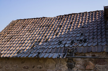 Old building of a collapsed barn in a field on a farm in Latvia.