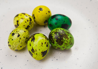 colorful easter eggs on white background  yellow and green eggs