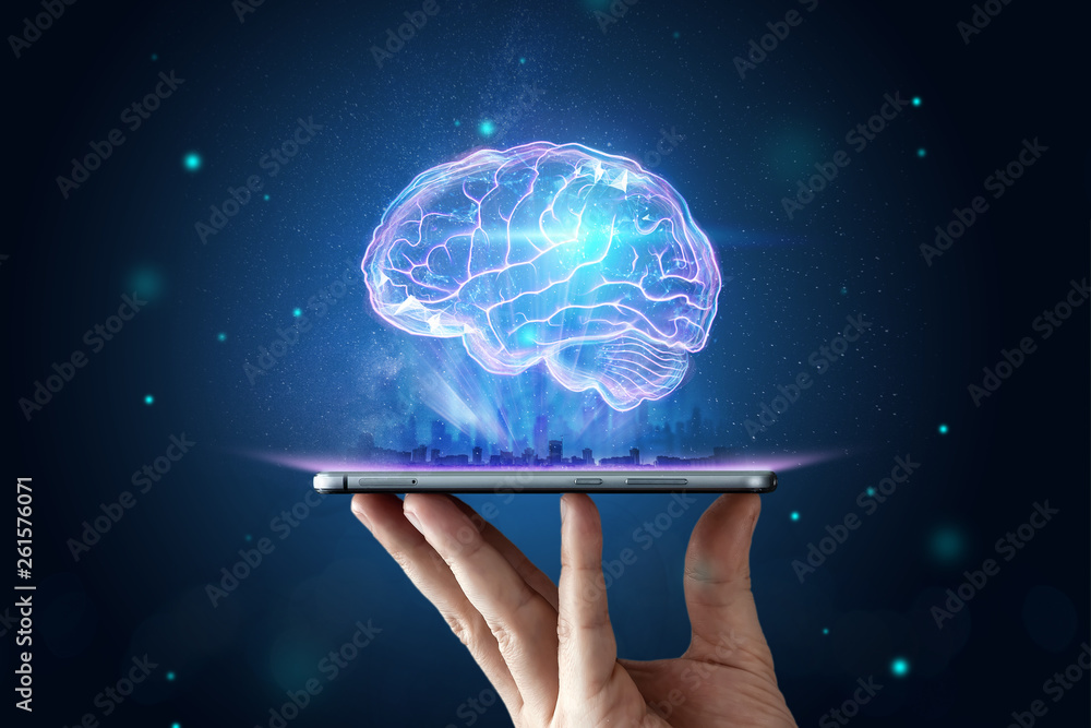 Poster the image of the human brain, a hologram, a dark background. the concept of artificial intelligence,