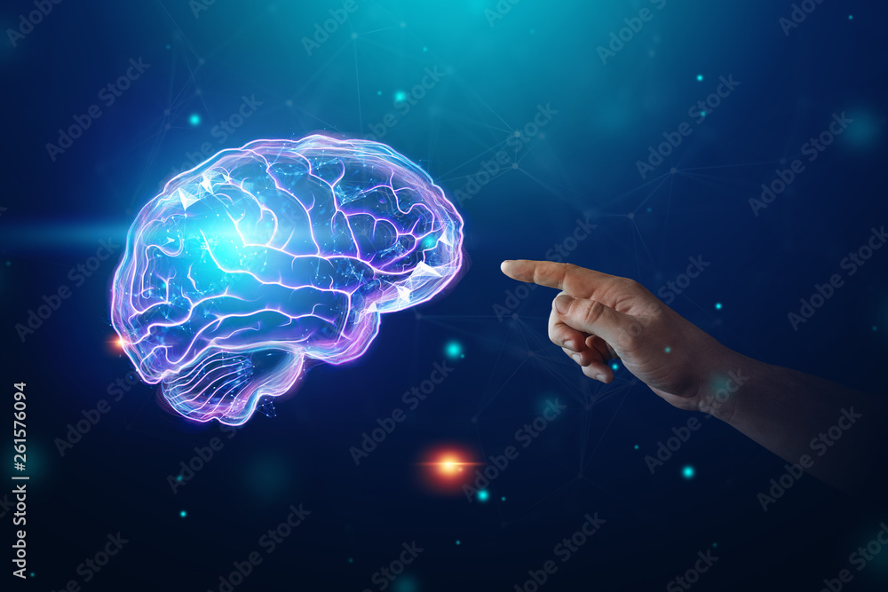 Poster the image of the human brain, a hologram, a dark background. the concept of artificial intelligence,