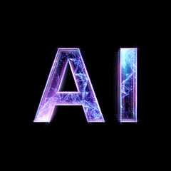 Inscription AI, artificial intelligence, hologram, dark background. The concept of artificial intelligence, neural networks, robotization, machine learning. 3D illustration, copy space.
