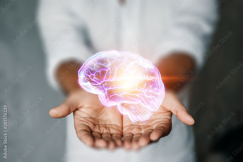 Poster the image of the human brain, a hologram, a dark background. the concept of artificial intelligence,