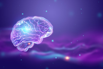 The image of the human brain, a hologram, a dark background. The concept of artificial intelligence, neural networks, robotization, machine learning. 3D illustration, copy space.