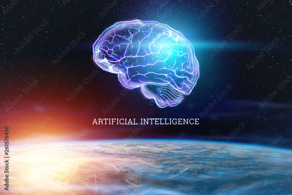 Poster the image of the human brain, a hologram, a dark background. the concept of artificial intelligence,