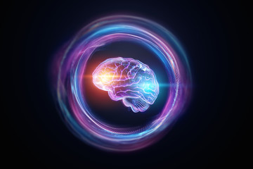 The image of the human brain, a hologram, a dark background. The concept of artificial intelligence, neural networks, robotization, machine learning. 3D illustration, copy space.