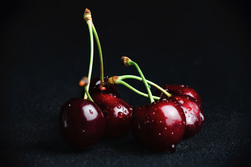 Ripe dark red sweet cherry with water droplets