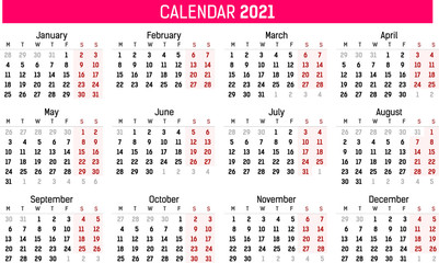 Prosty szablon kalendarza na rok 2020 i 2021. Ilustracja wektorowa płaski kolor stylu. Roczny szablon kalendarza. Orientacja pionowa. Zestaw 12 miesięcy.