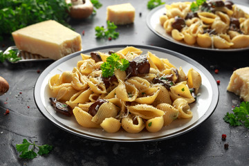 Conchiglie pasta with mushrooms, creamy sauce, parmesan cheese and herbs