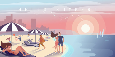Summer City beach, lounge chairs with umbrellas and resting townspeople. Vector illustration.