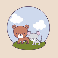 Naklejka premium cute bear with mouse in landscape