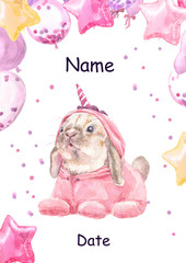 Cute baby Rabbit in pink unicorn pajamas. Bunny Print for children's fabric.  Bright Baloons, Gift for the first birthday, Decor for a children's holiday, an invitation to a children's pajama party