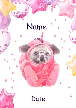 Sleeping Koala. Cute baby animal in pink unicorn pajamas. Koala Print for children's fabric. Decor for children's parties