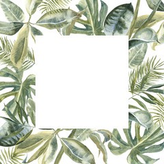 Square Wild Flowers animal skin print, tropical leaves Square Frame. Exotic floral Wreath.  Palm Leaves Border