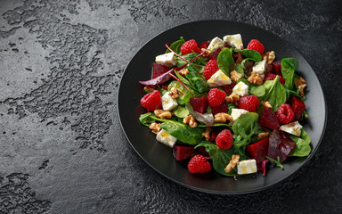 Healthy Beet Salad with raspberry, walnuts nuts and feta cheese