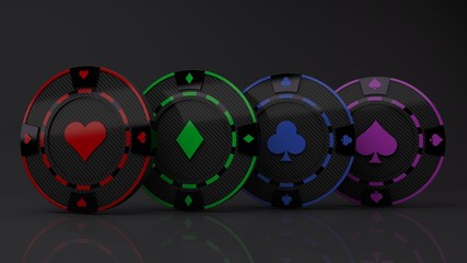 Casino Chip multi seeds Concept carbon material blue and red color isolated on black background - 3D render