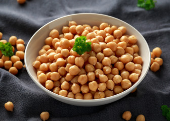Fresh raw chickpeas in white bowl. Healthy food