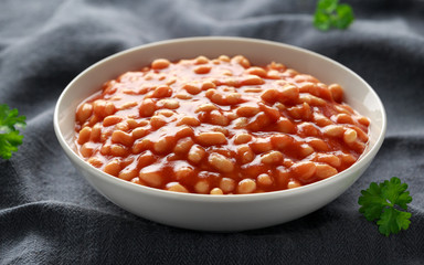 Baked beans in tomato sauce in white bowl