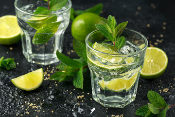 Mojito cocktail with Rum, lime and mint in glass. Summer cold drink with ice