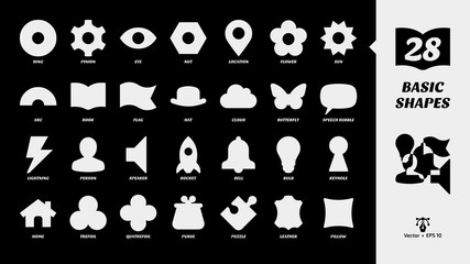 Basic simple glyph shapes icon set on a black background with silhouette ring, pinion, eye, nut, location, flower, sun, lightning, person, speaker, rocket, bell, bulb, keyhole and more symbols.
