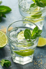 Mojito cocktail with Rum, lime and mint in glass. Summer cold drink with ice