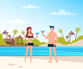 Obraz na płótnie Canvas Two happy smiling people man and woman couple characters nudist sunbathing and relax at beach. Summer time and open mind concept. Vector flat cartoon graphic design illustration