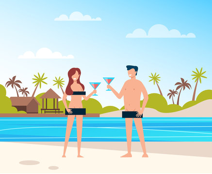 Two happy smiling people man and woman couple characters nudist sunbathing and relax at beach. Summer time and open mind concept. Vector flat cartoon graphic design illustration