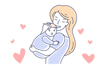 Mother love and baby. Motherhood. Mom hugging a child hand drawn style vector illustration