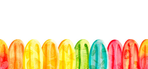 Watercolor border with bright popsicles with fruits isolated on white