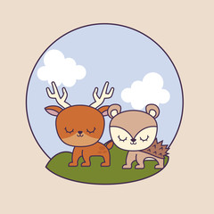 cute porcupine with reindeer in landscape