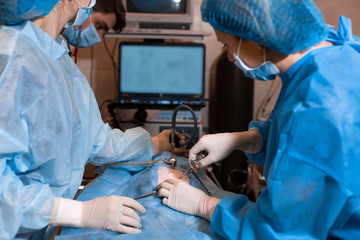 Vet doing the operation for sterilization. The cat on the operating table in a veterinary clinic. Cat in a veterinary surgery , the uterus and ovaries of a cat during surgery