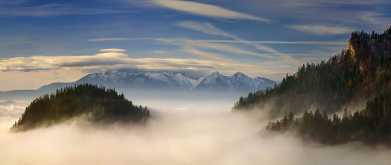 Tatra Mountains foggy view from Sokolica, Pieniny.