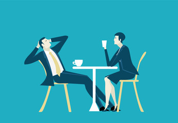 Businessman and businesswoman taking in the cafe at lunch time.  Business and working together concept illustration.