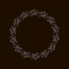 Outline frame with a cup of coffee and coffee beans