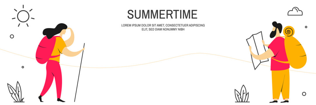 Man and woman tourists with backpacks. Vector. Modern people character vector illustration flat design. Use in Web Project and Applications. Hiking horizontal banner