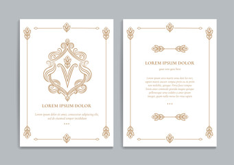 Gold and white vintage greeting card. Luxury vector shield ornament template. Great for invitation, flyer, menu, brochure, postcard, background, wallpaper, decoration, packaging or any desired idea.