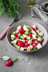 Radish, cucumber, kiwi, cheese and dill salad in a bowl on gray grunge concrete background. Seasonal Cooking, food styling.